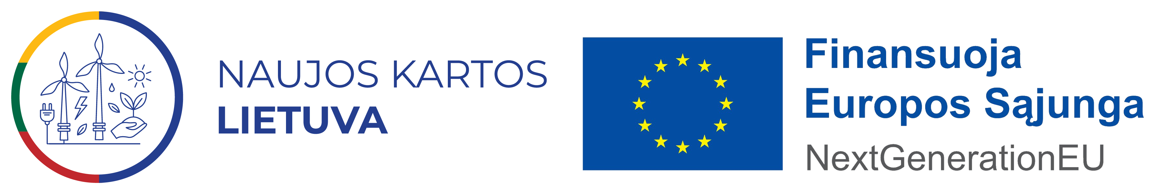 Naujos kartos Lietuva logotipas / Finansuoja Europos Sąjunga, NextGeneration EU logotipas